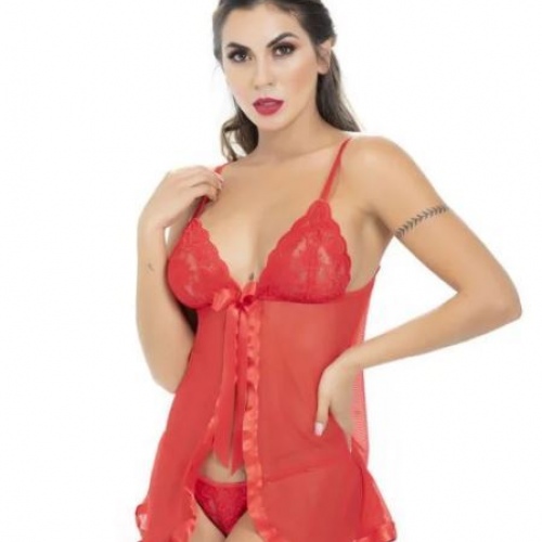 Babydoll en encaje y malla con moño abierto en el centro