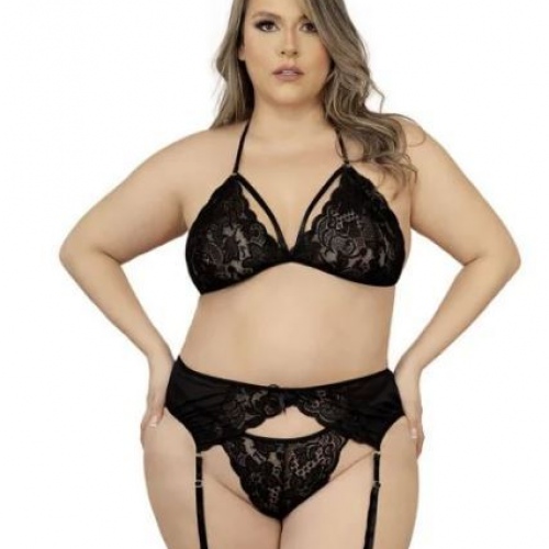 Conjunto Curvy en encaje con liguero y ligas