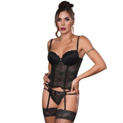 Corsé en encaje con copas de realce y liguero